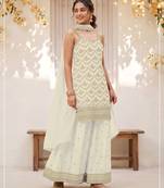 Off white colour embroideried work chinon semi stitched palazzo salwar suit