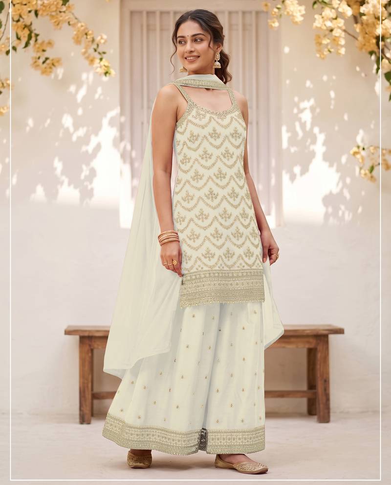 Off white colour embroideried work chinon semi stitched palazzo salwar suit