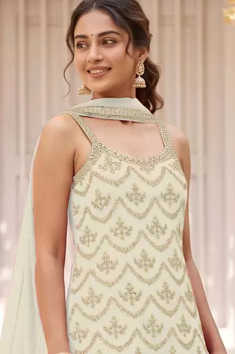 Off white colour embroideried work chinon semi stitched palazzo salwar suit