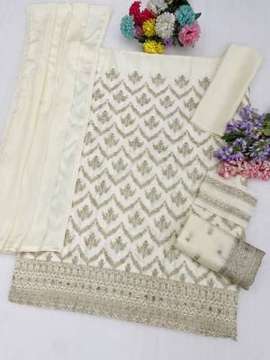 Off white colour embroideried work chinon semi stitched palazzo salwar suit 3
