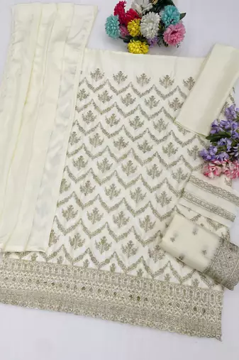 Off white colour embroideried work chinon semi stitched palazzo salwar suit