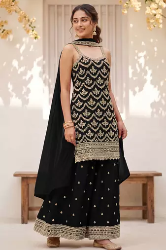 Black colour embroideried work chinon semi stitched palazzo salwar suit