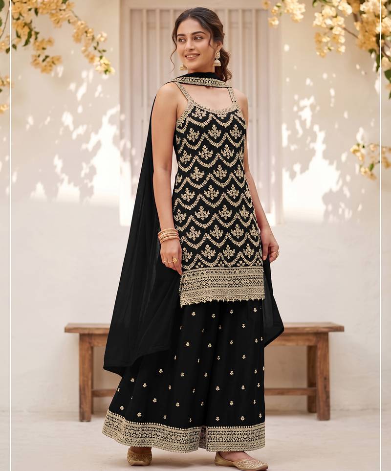 Black colour embroideried work chinon semi stitched palazzo salwar suit