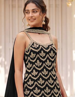 Black colour embroideried work chinon semi stitched palazzo salwar suit 2