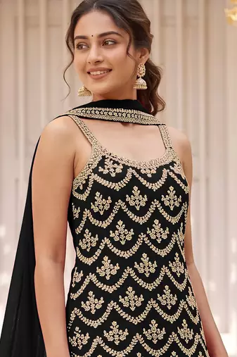 Black colour embroideried work chinon semi stitched palazzo salwar suit