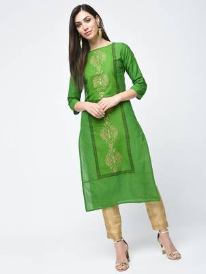 cotton block printed straight kurta,green,(s,m,l,xl,2xl,3xl) 1