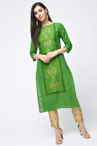 cotton block printed straight kurta,green,(s,m,l,xl,2xl,3xl)
