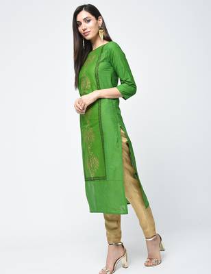 cotton block printed straight kurta,green,(s,m,l,xl,2xl,3xl) 2