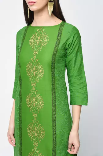 cotton block printed straight kurta,green,(s,m,l,xl,2xl,3xl)