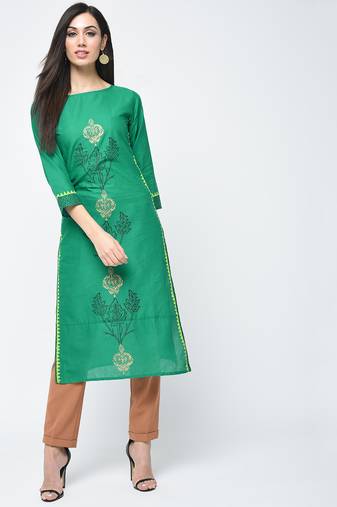 cotton block printed straight kurta turquoise