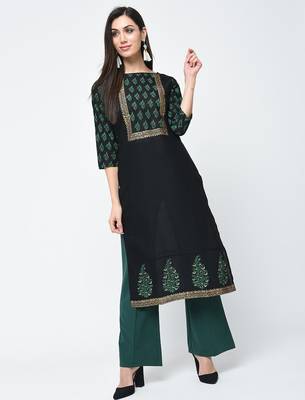 cotton block printed straight kurta,black,(s,m,l,xl,2xl,3xl) 1