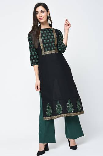 cotton block printed straight kurta black