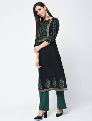 cotton block printed straight kurta,black,(s,m,l,xl,2xl,3xl) 2