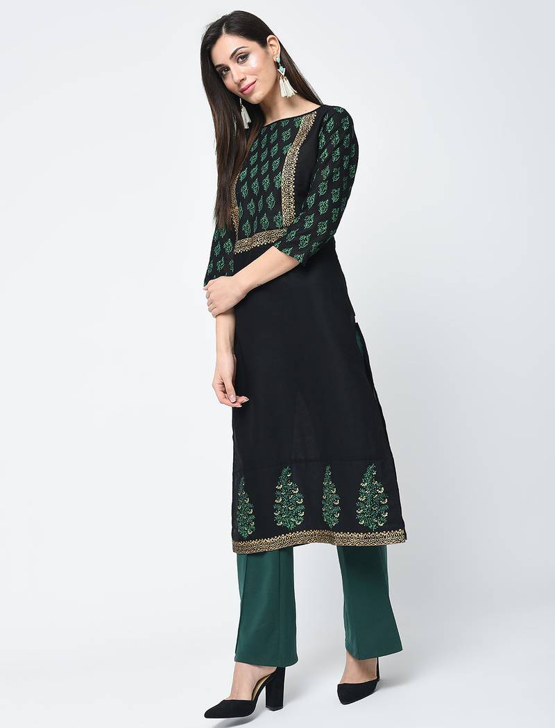 cotton block printed straight kurta,black,(s,m,l,xl,2xl,3xl)
