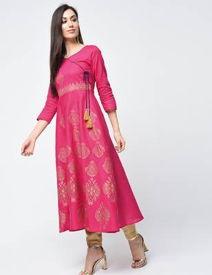 Cotton block printed angrakha kurta,fuchsia,(s,m,l,xl,2xl,3xl) 1