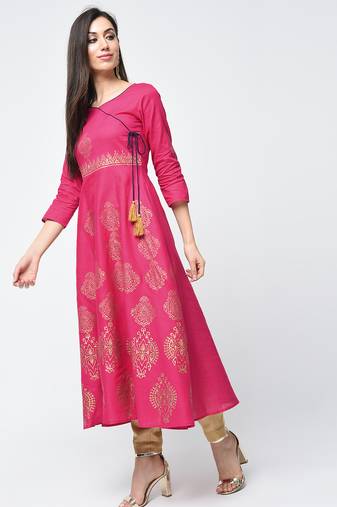 Cotton block printed angrakha kurta fuchsia