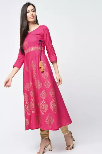 Cotton block printed angrakha kurta,fuchsia,(s,m,l,xl,2xl,3xl)