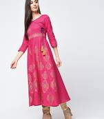 Cotton block printed angrakha kurta,fuchsia,(s,m,l,xl,2xl,3xl)