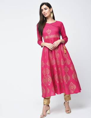 Cotton block printed angrakha kurta,fuchsia,(s,m,l,xl,2xl,3xl) 2