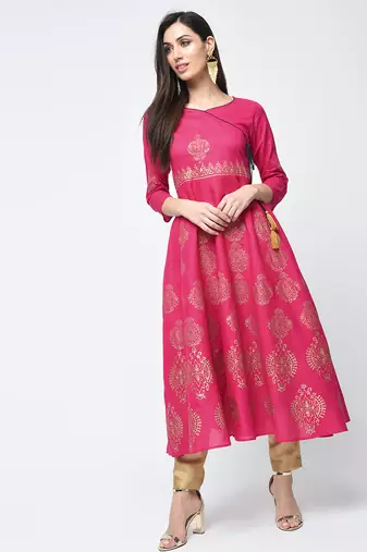 Cotton block printed angrakha kurta,fuchsia,(s,m,l,xl,2xl,3xl)