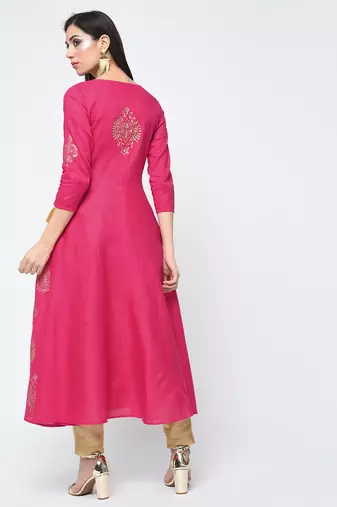 Cotton block printed angrakha kurta,fuchsia,(s,m,l,xl,2xl,3xl)