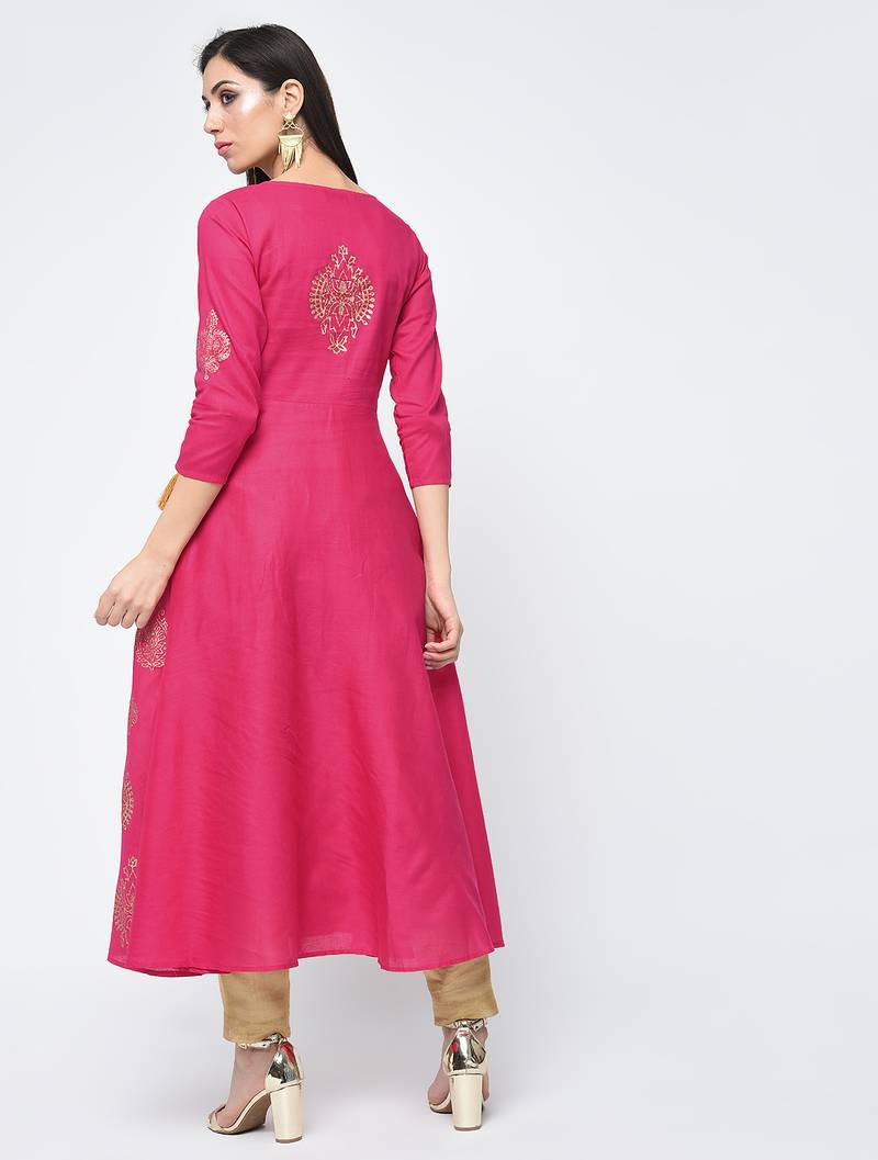 Cotton block printed angrakha kurta,fuchsia,(s,m,l,xl,2xl,3xl)