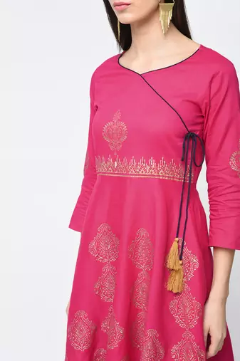 Cotton block printed angrakha kurta,fuchsia,(s,m,l,xl,2xl,3xl)