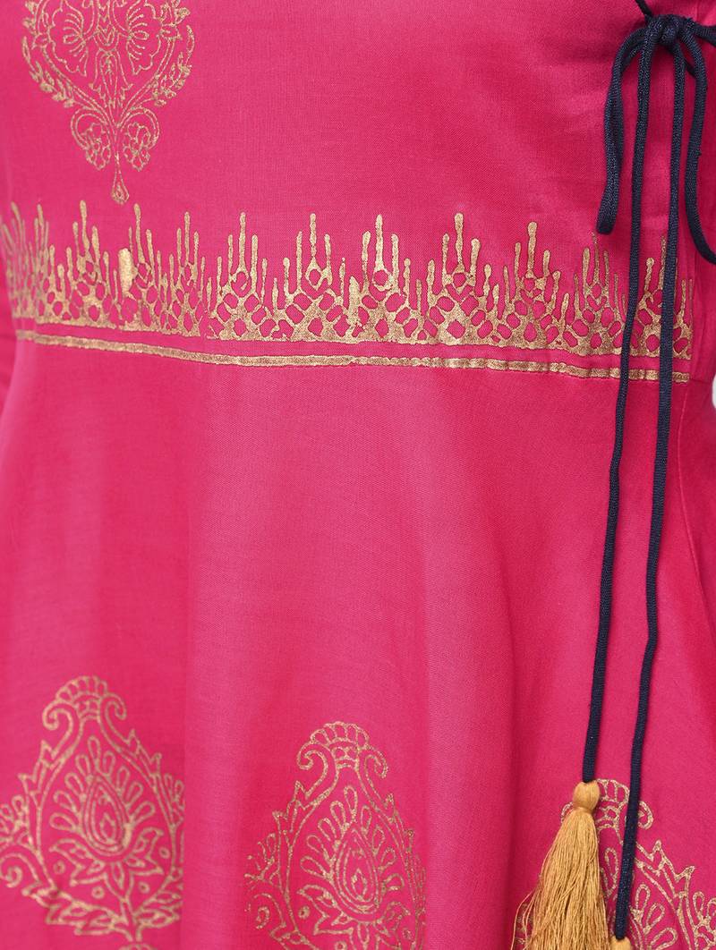 Cotton block printed angrakha kurta,fuchsia,(s,m,l,xl,2xl,3xl)