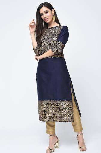 cotton block printed straight kurta navy blue