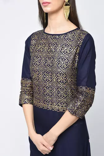 cotton block printed straight kurta,navy blue,(s,m,l,xl,2xl,3xl)