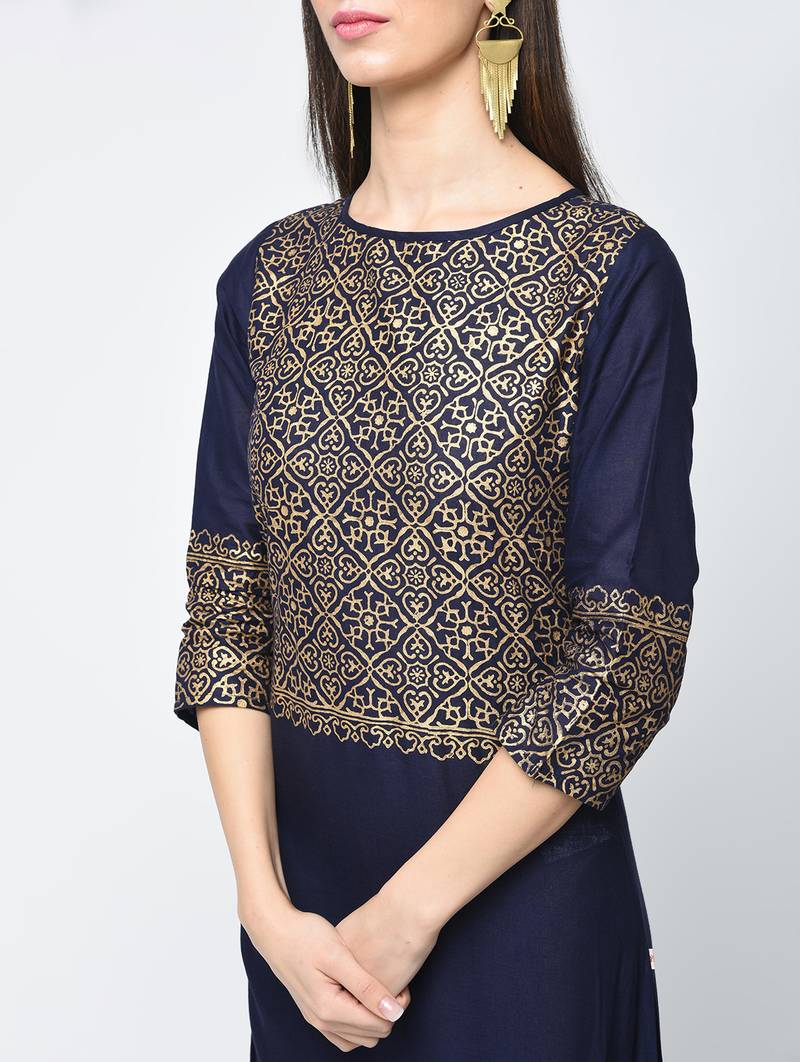 cotton block printed straight kurta,navy blue,(s,m,l,xl,2xl,3xl)