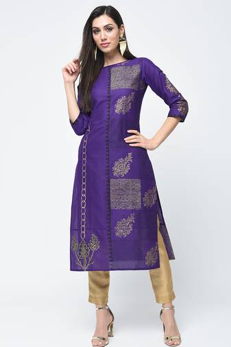 cotton foil printed straight kurta purple