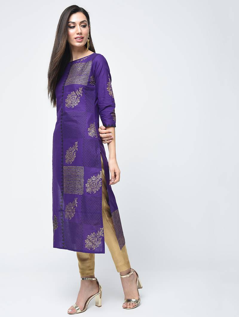cotton foil printed straight kurta,purple,(s,m,l,xl,2xl,3xl)