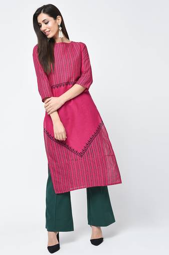 cotton block printed straight kurta pink