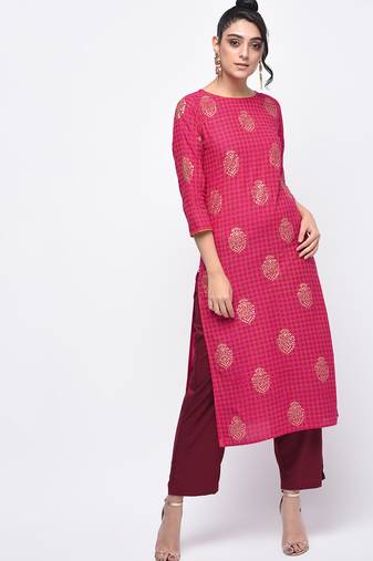 cotton block printed straight kurta pink