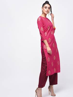 cotton block printed straight kurta,pink,(s,m,l,xl,2xl,3xl) 2