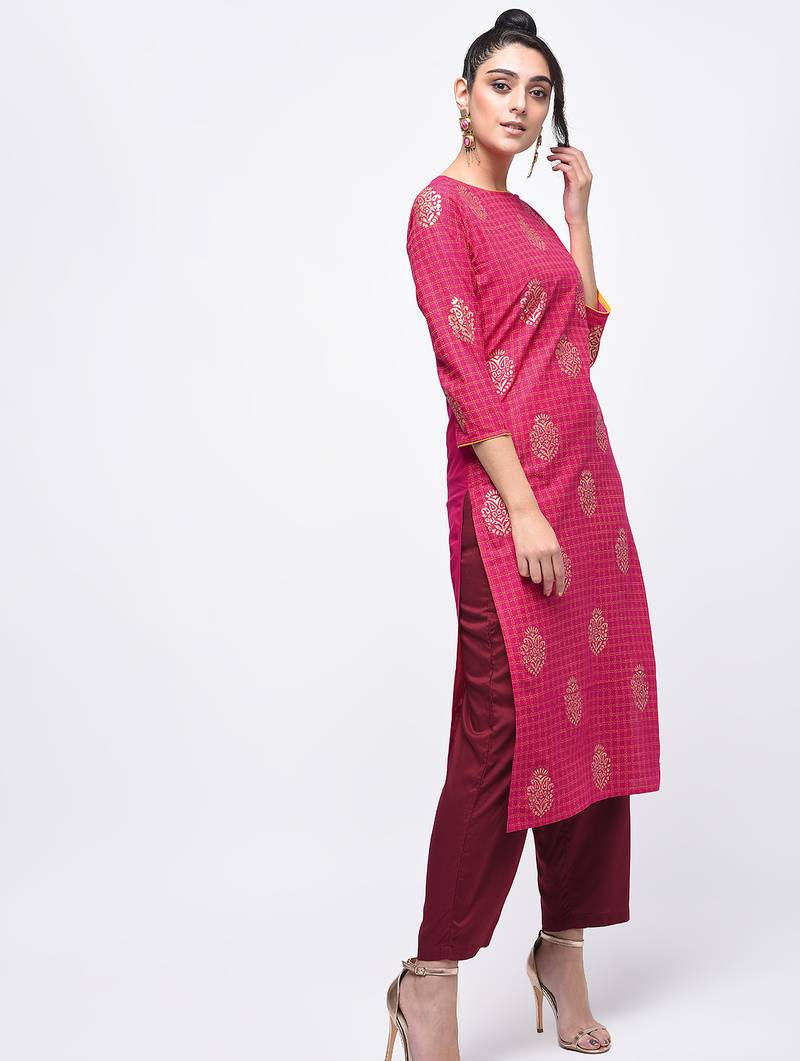 cotton block printed straight kurta,pink,(s,m,l,xl,2xl,3xl)