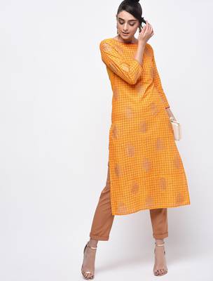 cotton block printed straight kurta,yellow,(s,m,l,xl,2xl,3xl) 1