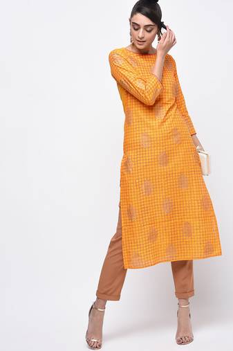 cotton block printed straight kurta,yellow,(s,m,l,xl,2xl,3xl)
