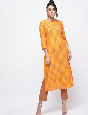 cotton block printed straight kurta,yellow,(s,m,l,xl,2xl,3xl) 2