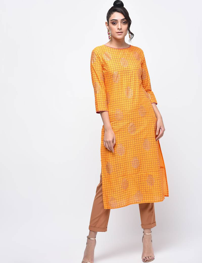 cotton block printed straight kurta,yellow,(s,m,l,xl,2xl,3xl)