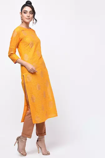 cotton block printed straight kurta,yellow,(s,m,l,xl,2xl,3xl)
