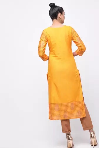 cotton block printed straight kurta,yellow,(s,m,l,xl,2xl,3xl)