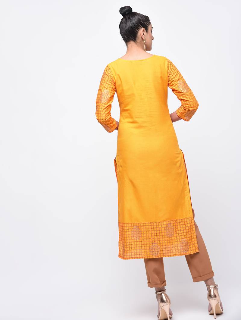cotton block printed straight kurta,yellow,(s,m,l,xl,2xl,3xl)
