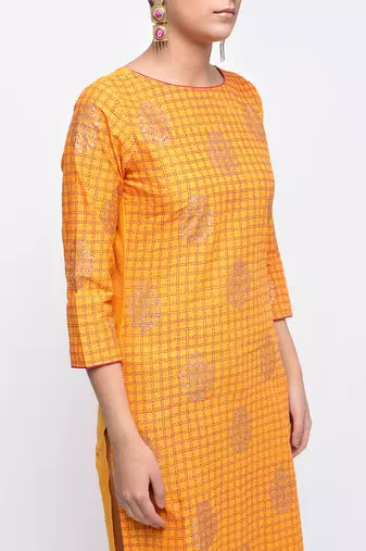 cotton block printed straight kurta,yellow,(s,m,l,xl,2xl,3xl)