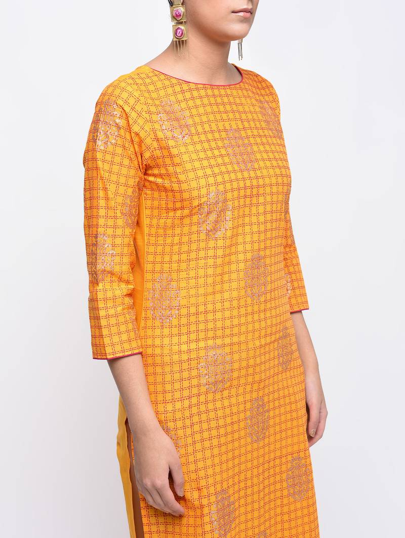cotton block printed straight kurta,yellow,(s,m,l,xl,2xl,3xl)