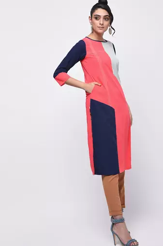 crepe c olour block straight kurta,pink,(s,m,l,xl,2xl,3xl)