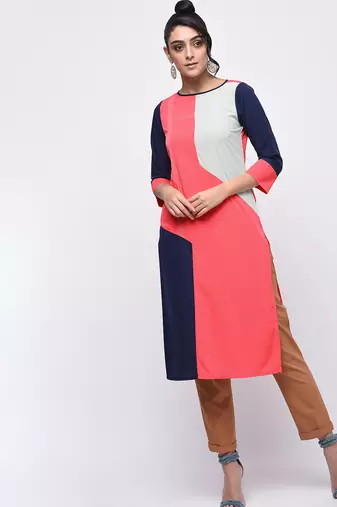crepe c olour block straight kurta,pink,(s,m,l,xl,2xl,3xl)