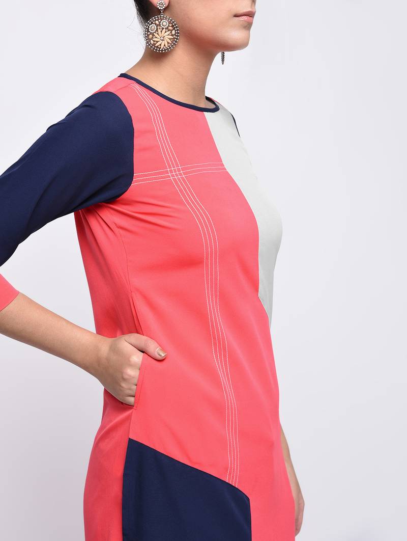 crepe c olour block straight kurta,pink,(s,m,l,xl,2xl,3xl)