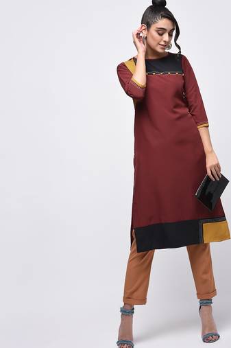 crepe color block straight kurta brown